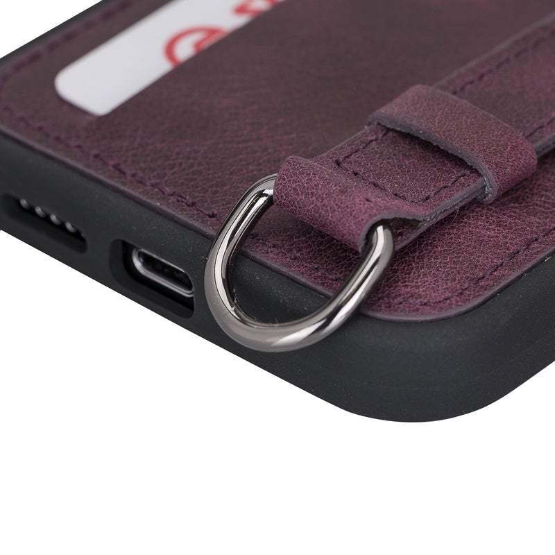 iPhone 13 Pro Purple Leather Snap-On Card Holder Case with Back Strap - Hardiston - 7