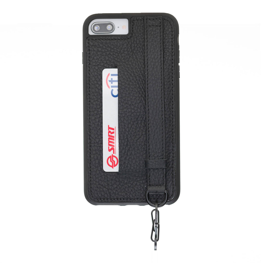 iPhone 8 Plus / 7 Plus Black Leather Snap On Card Holder Case with Back Strap - Hardiston - 1