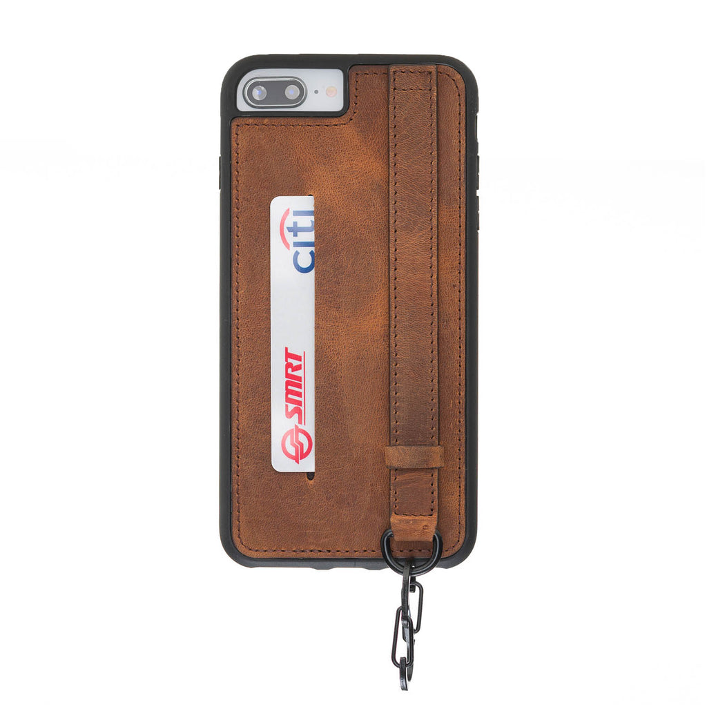 iPhone 8 Plus / 7 Plus Brown Leather Snap On Card Holder Case with Back Strap - Hardiston - 1