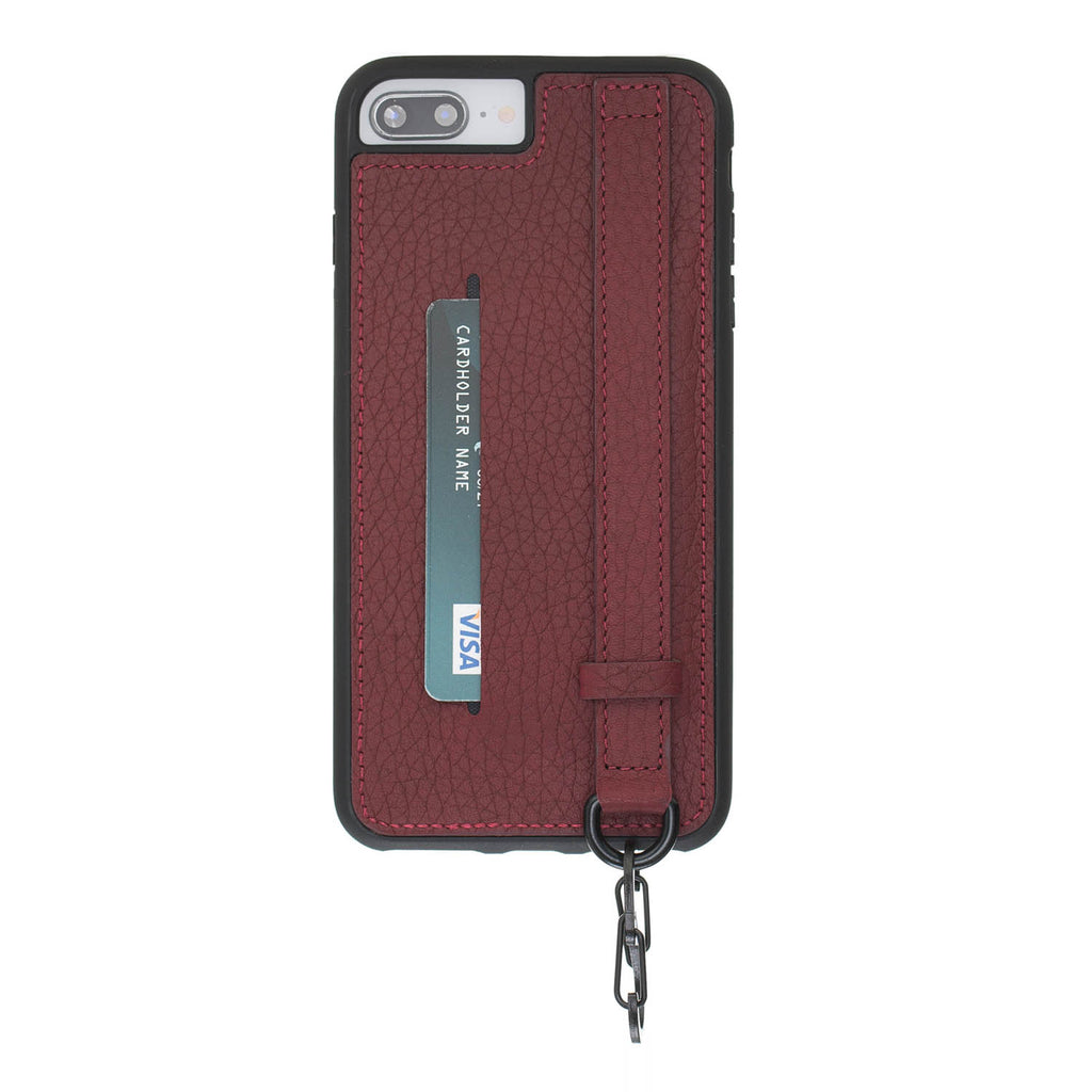 iPhone 8 Plus / 7 Plus Burgundy Leather Snap On Card Holder Case with Back Strap - Hardiston - 1