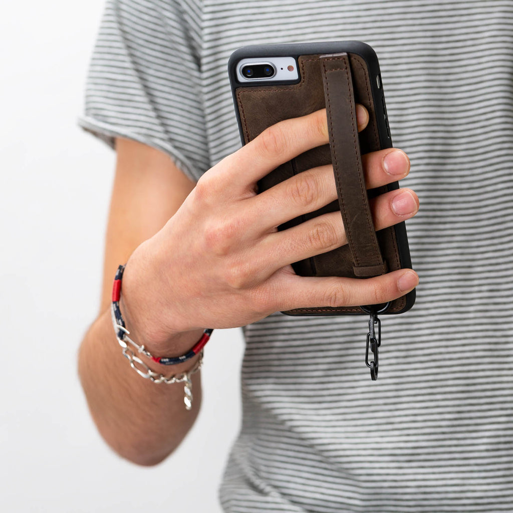 iPhone 8 Plus / 7 Plus Mocha Leather Snap On Card Holder Case with Back Strap - Hardiston - 10