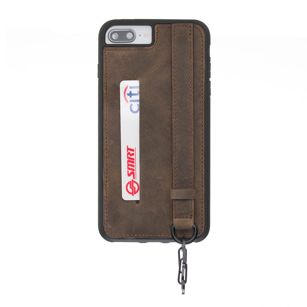 iPhone 8 Plus / 7 Plus Mocha Leather Snap On Card Holder Case with Back Strap - Hardiston - 1