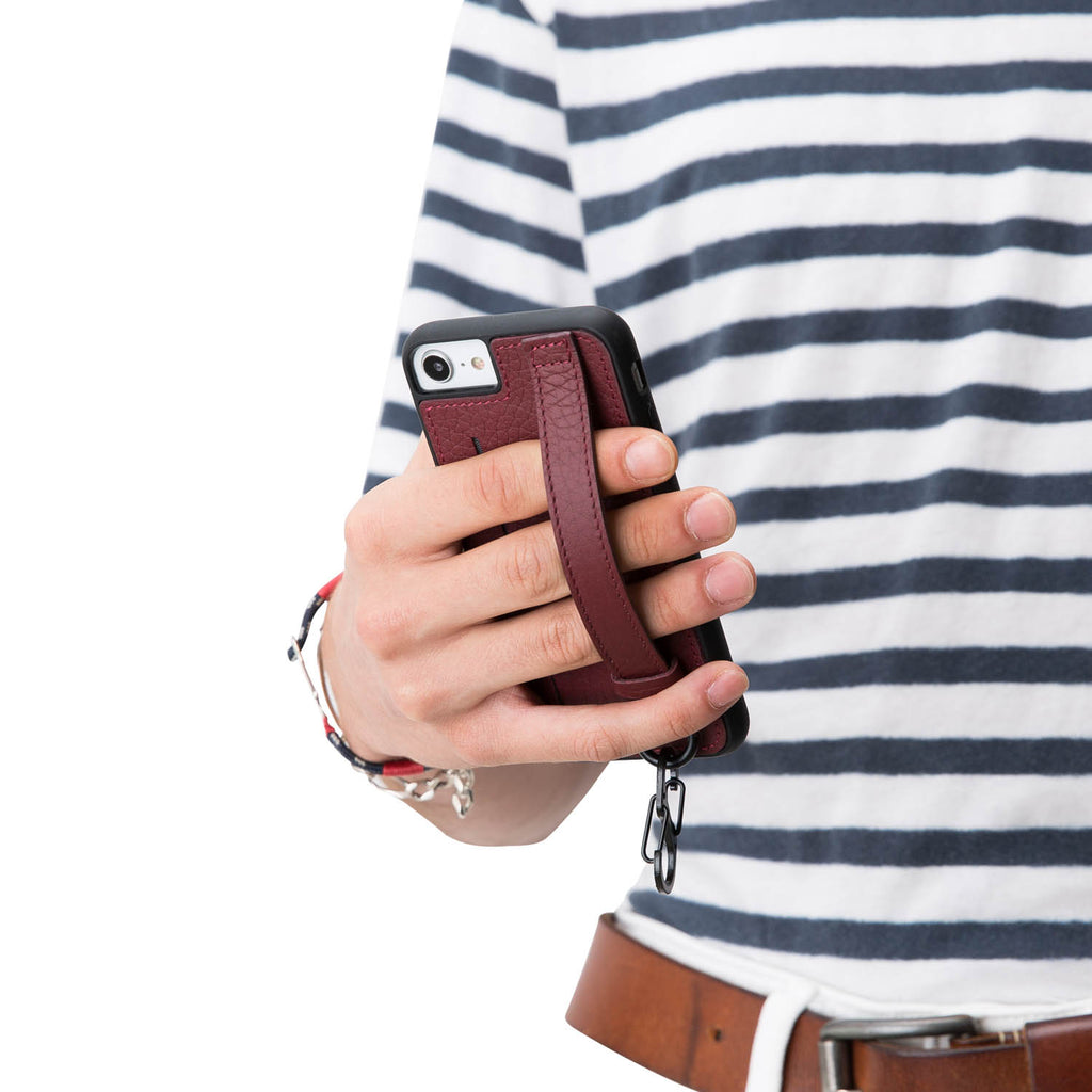 iPhone SE / 8 / 7 Burgundy Leather Snap On Card Holder Case with Back Strap - Hardiston - 10
