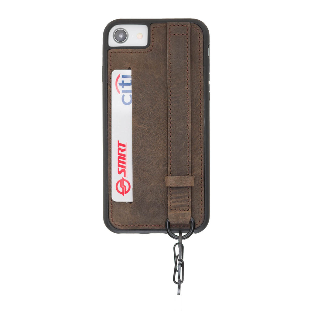 iPhone SE / 8 / 7 Mocha Leather Snap On Card Holder Case with Back Strap - Hardiston - 1