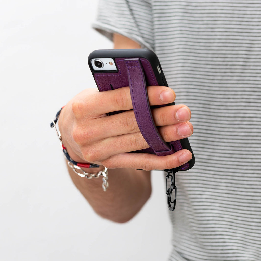 iPhone SE / 8 / 7 Purple Leather Snap On Card Holder Case with Back Strap - Hardiston - 9