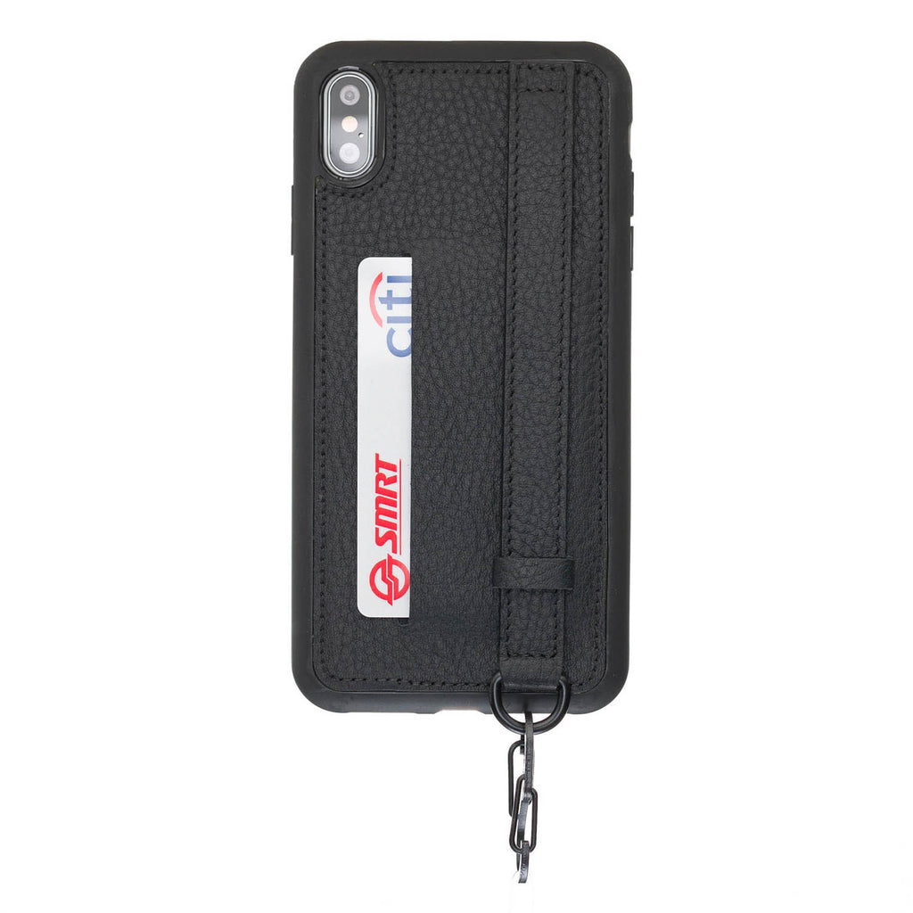 iPhone X-XS Black Leather Snap-On Card Holder Case with Back Strap - Hardiston - 1