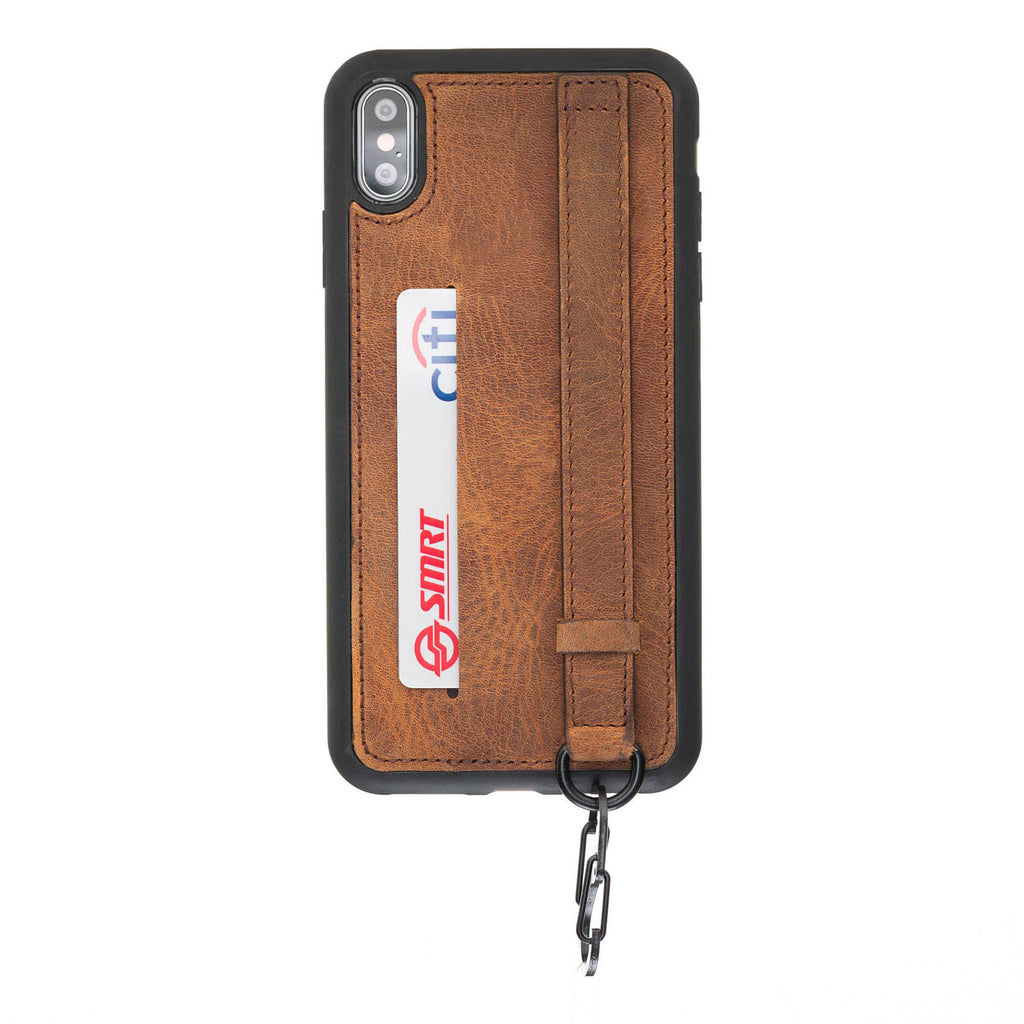iPhone X-XS Brown Leather Snap-On Card Holder Case with Back Strap - Hardiston - 1