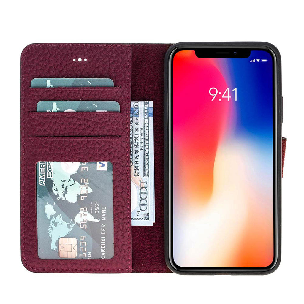 iPhone X/XS Burgundy Leather Detachable 2-in-1 Wallet Case with Card Holder - Hardiston - 1