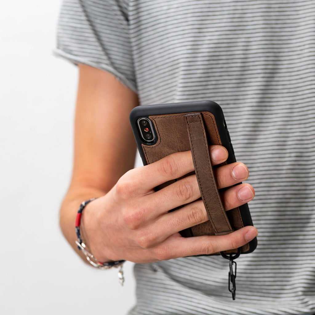 iPhone X-XS Mocha Leather Snap-On Card Holder Case with Back Strap - Hardiston - 8