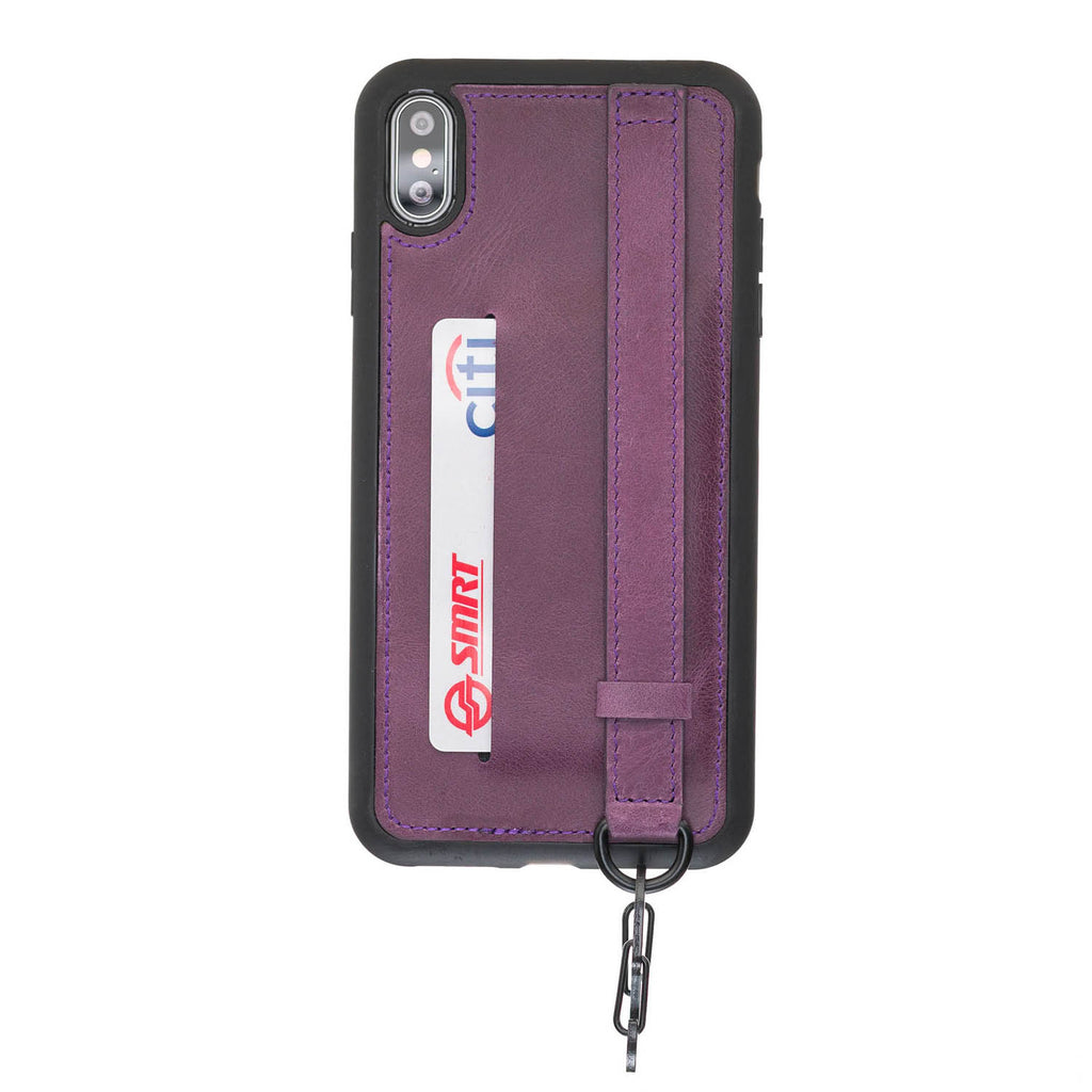 iPhone X-XS Purple Leather Snap-On Card Holder Case with Back Strap - Hardiston - 1