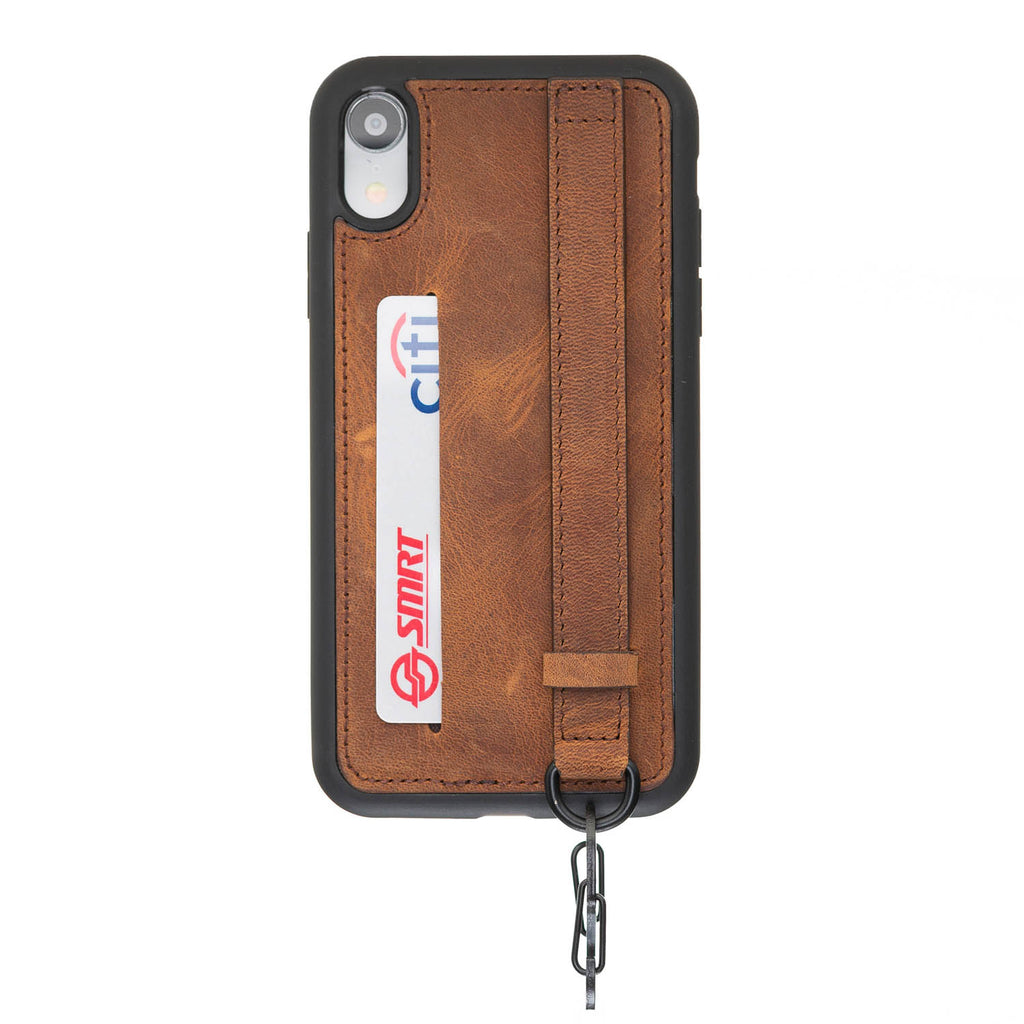iPhone XR Brown Leather Snap On Card Holder Case with Back Strap Hardiston 1