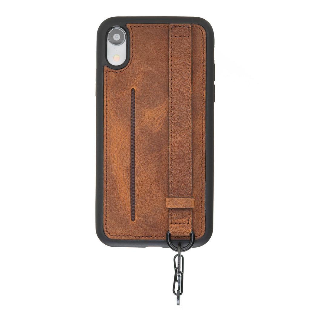iPhone XR Brown Leather Snap On Card Holder Case with Back Strap Hardiston 2