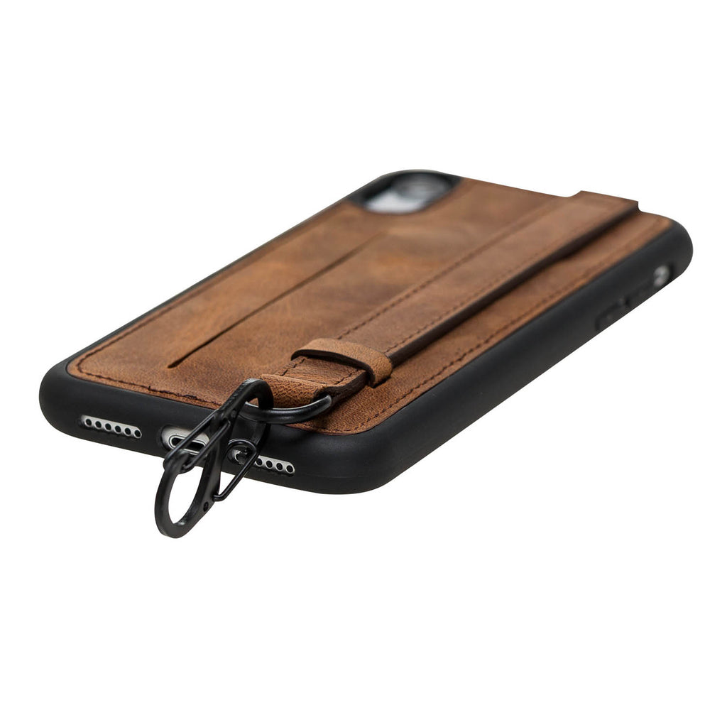 iPhone XR Brown Leather Snap On Card Holder Case with Back Strap Hardiston 5