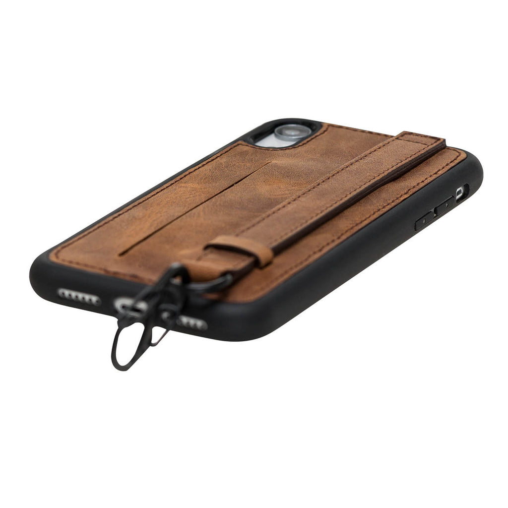 iPhone XR Brown Leather Snap On Card Holder Case with Back Strap Hardiston 6
