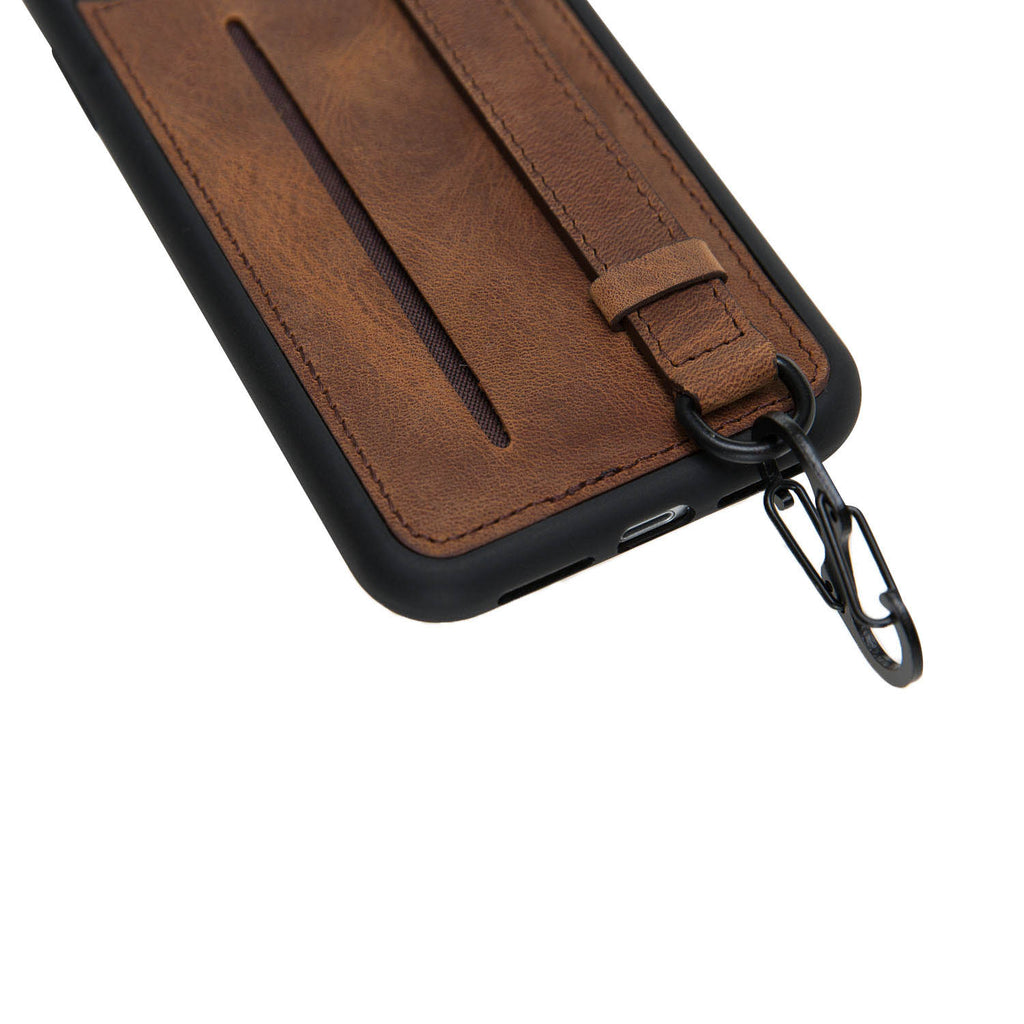 iPhone XR Brown Leather Snap On Card Holder Case with Back Strap Hardiston 8