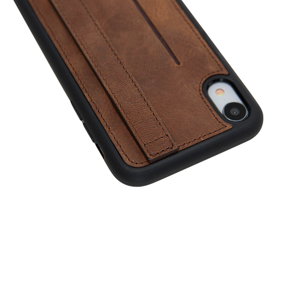 iPhone XR Brown Leather Snap On Card Holder Case with Back Strap Hardiston 9