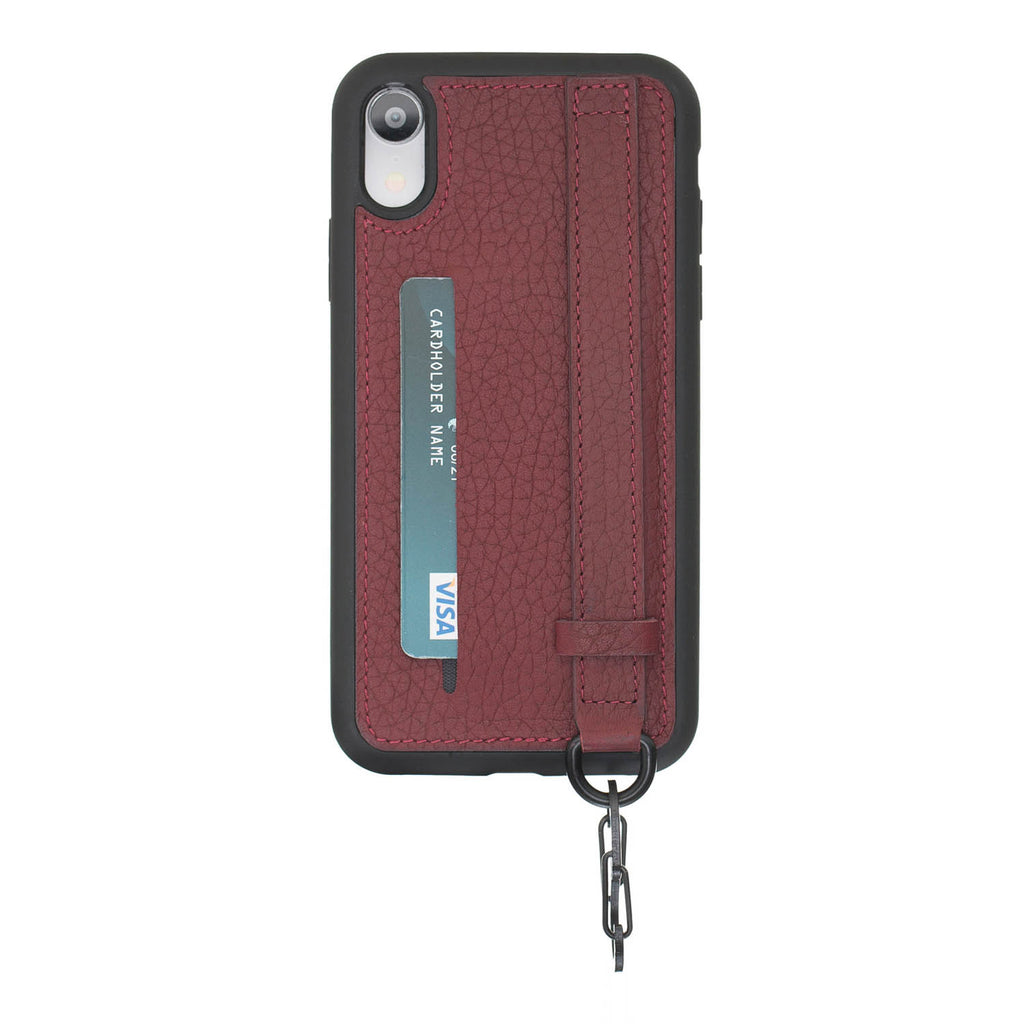 iPhone XR Burgundy Leather Snap On Card Holder Case with Back Strap Hardiston 1