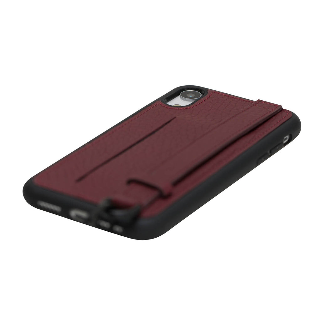 iPhone XR Burgundy Leather Snap On Card Holder Case with Back Strap Hardiston 6