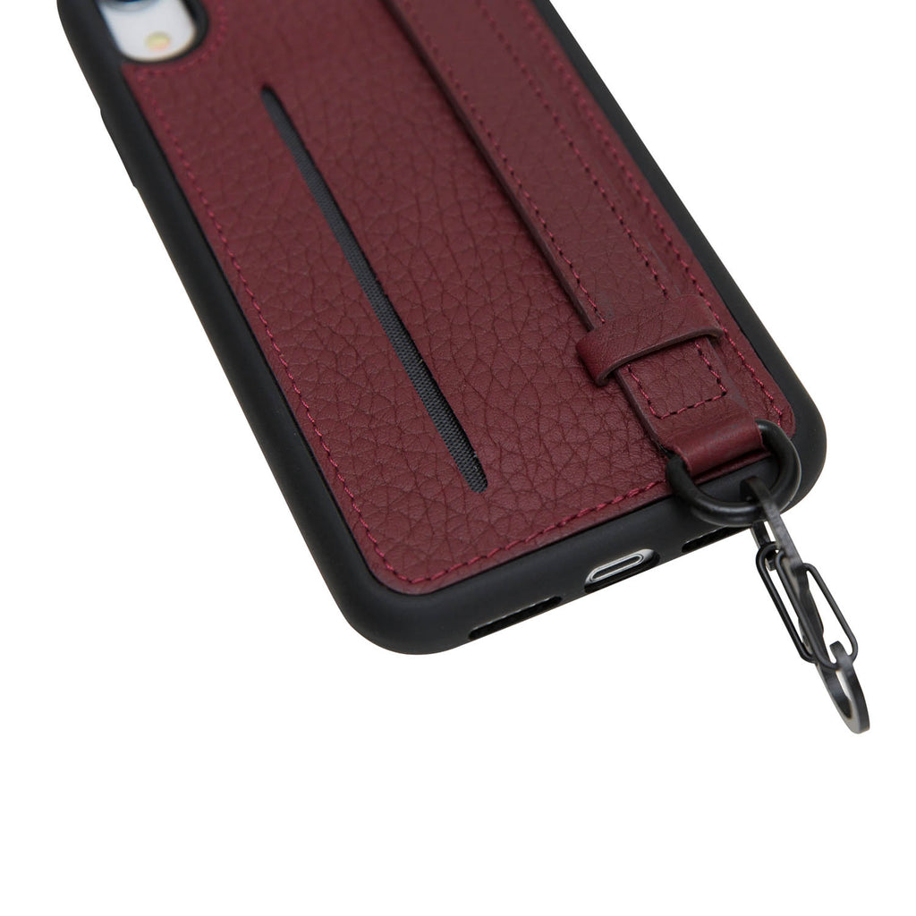 iPhone XR Burgundy Leather Snap On Card Holder Case with Back Strap Hardiston 8