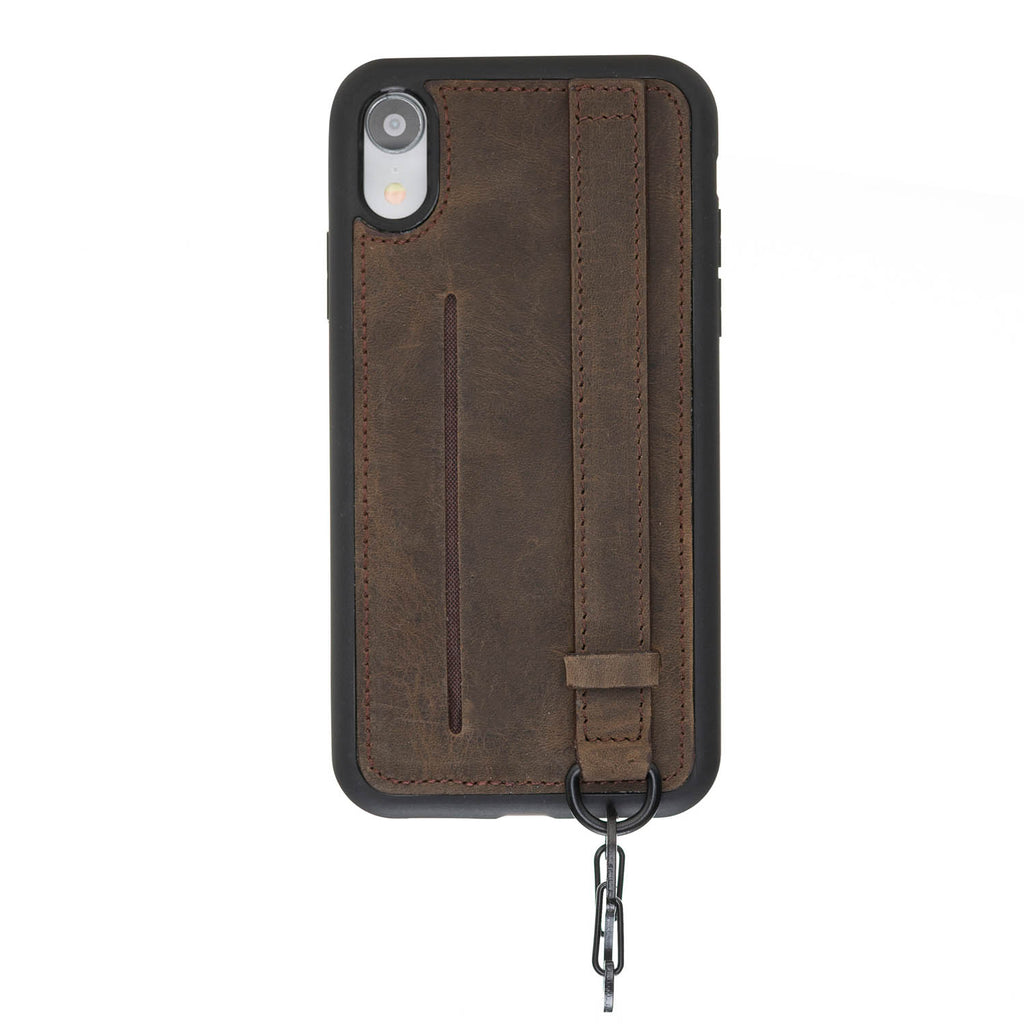 iPhone XR Mocha Leather Snap On Card Holder Case with Back Strap Hardiston 2