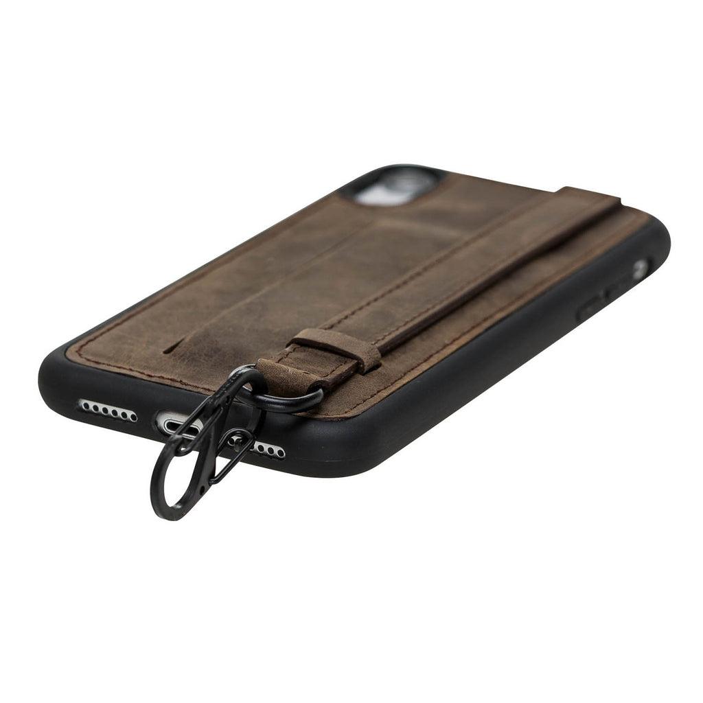 iPhone XR Mocha Leather Snap On Card Holder Case with Back Strap Hardiston 6