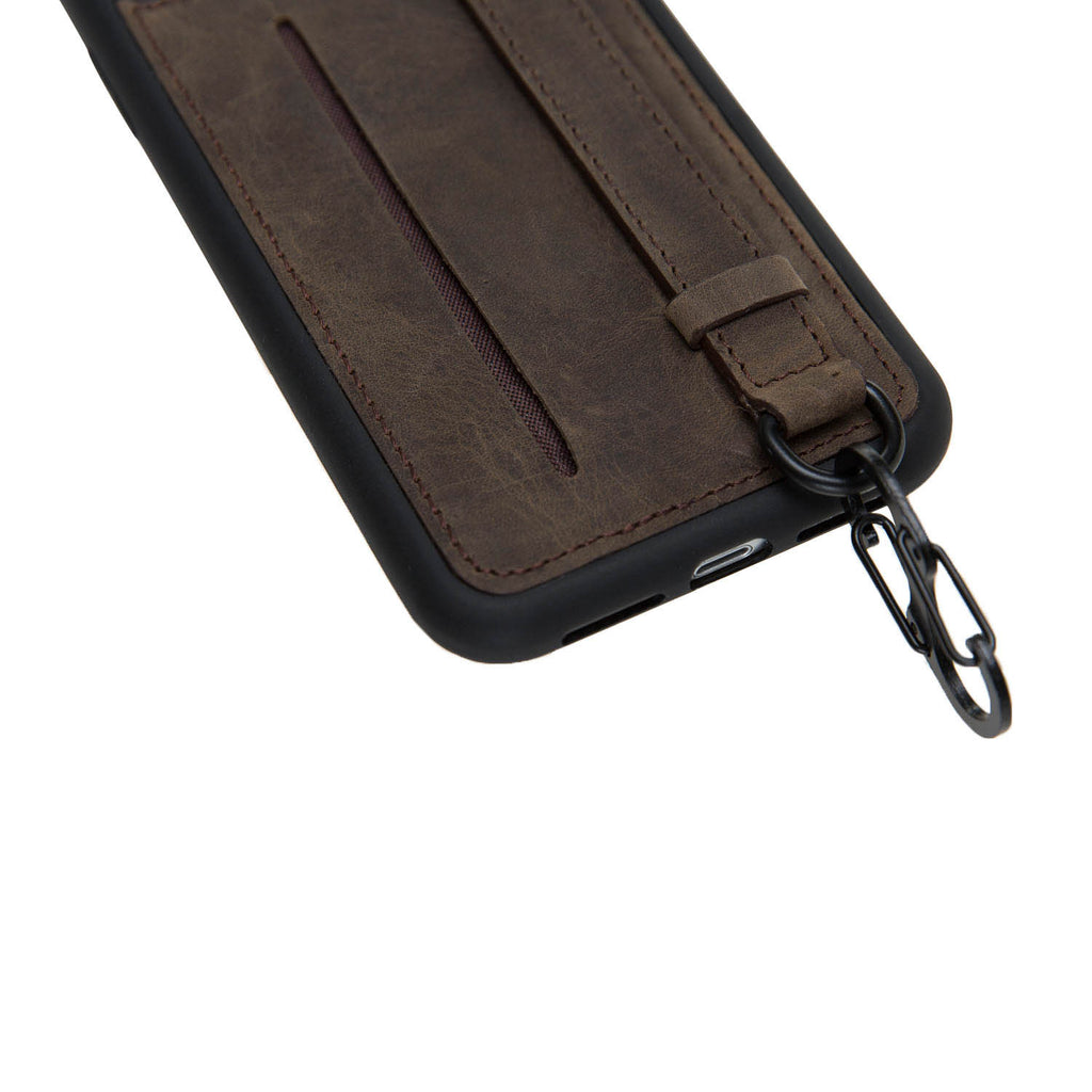 iPhone XR Mocha Leather Snap On Card Holder Case with Back Strap Hardiston 8