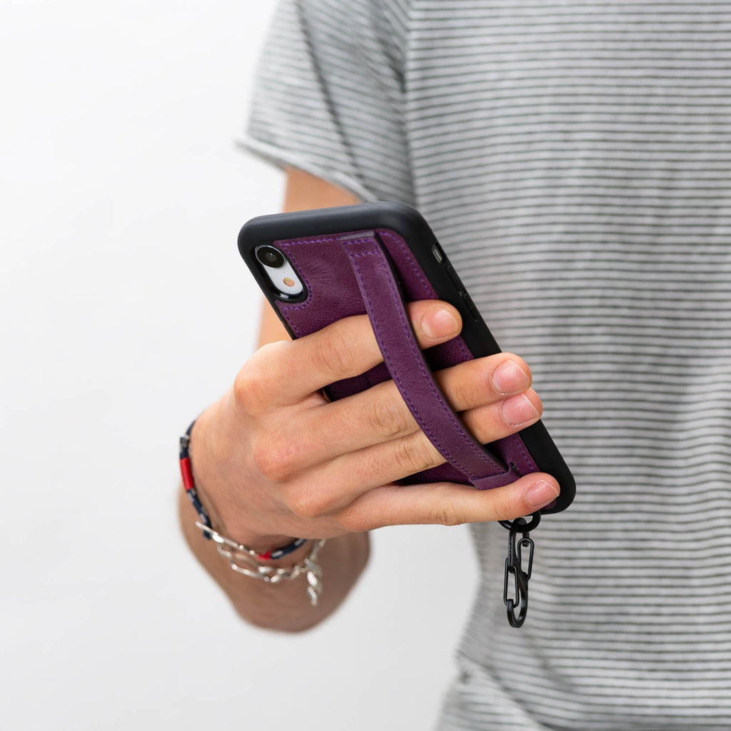 iPhone XR Purple Leather Snap On Card Holder Case with Back Strap Hardiston 10