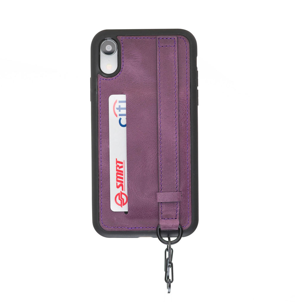 iPhone XR Purple Leather Snap On Card Holder Case with Back Strap Hardiston 1