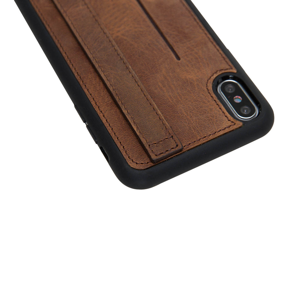 iPhone XS Max Brown Leather Snap-On Card Holder Case with Back Strap - Hardiston - 9