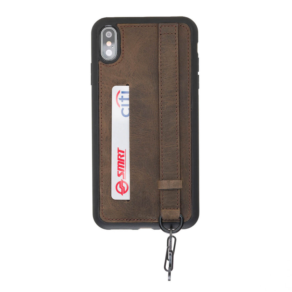 iPhone XS Max Mocha Leather Snap-On Card Holder Case with Back Strap - Hardiston - 1